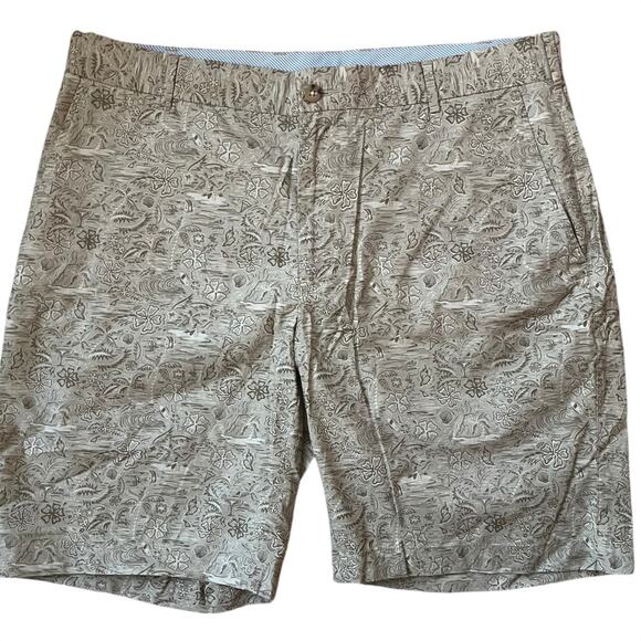 Peter Millar Khaki Shorts Flat Front Tropical Pattern Cotton Blend Golf Men's 34 - Picture 1 of 6
